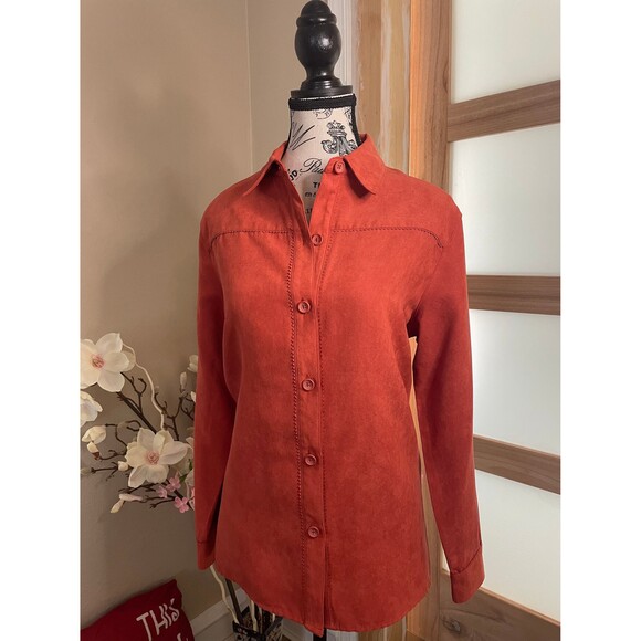 Studio Works Button Down Women Suede Shirt Autumn Orage Collared sz Petite M - Picture 1 of 8